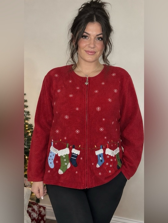 Jackets & Blazers - Vintage Red Fleece Christmas Zip-up Jacket with Holiday Stockings